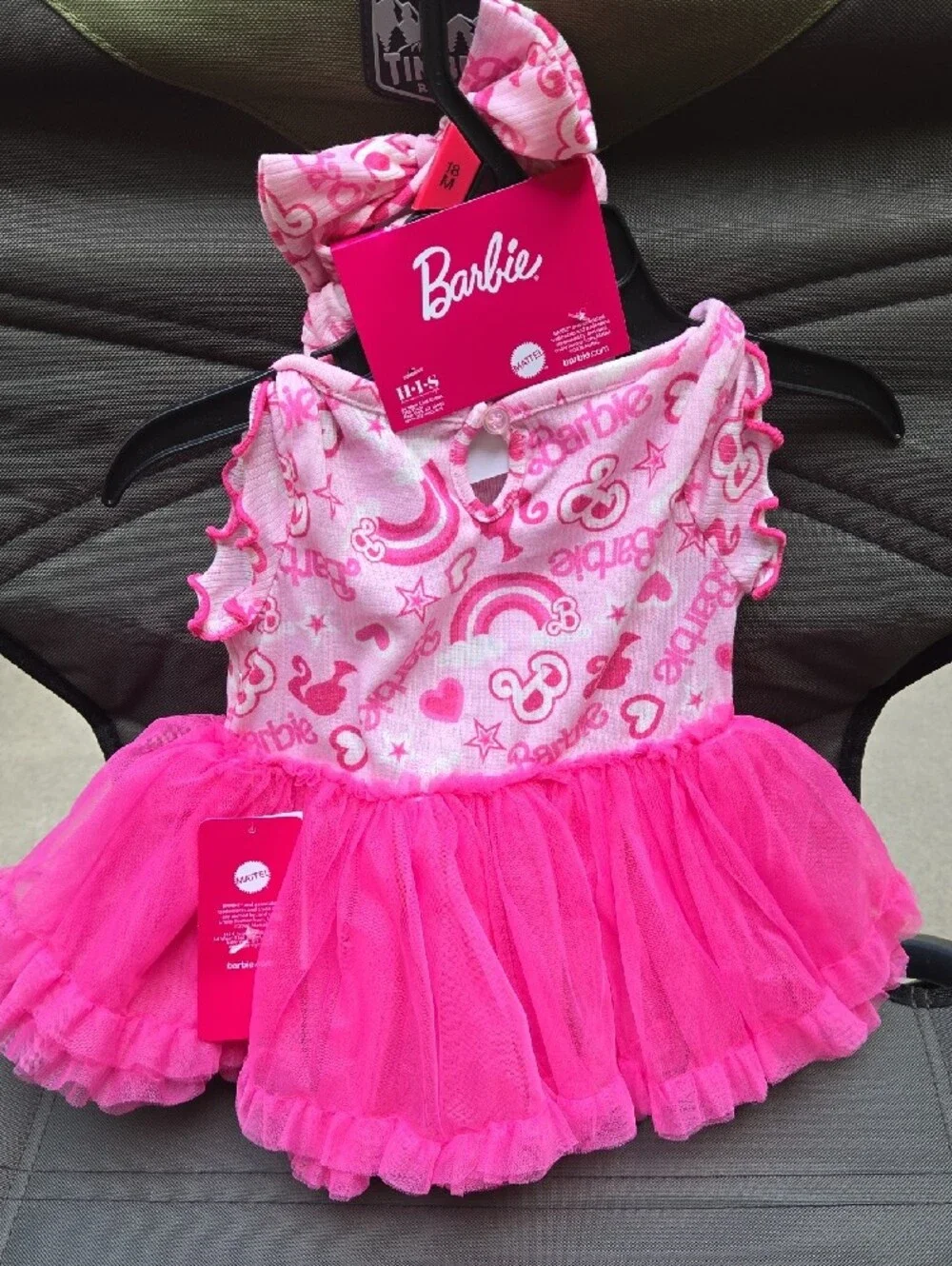 Barbie Hot Pink Printed Tutu Dress with Matching Bow Size 18 Months New
